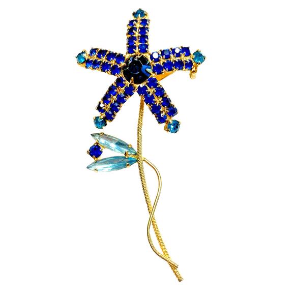 Vintage Mid Century Brooch Flower Power Pin Delicate Gold Blue Aqua Rhinestones - Picture 1 of 9